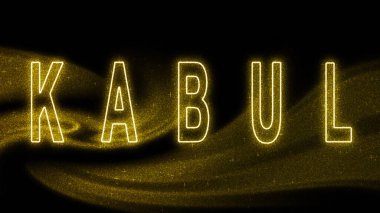 Kabil Altın Parıltısı, Kabil Turizmi ve Seyahat, Yaratıcı tipografi metni afişi, siyah arka planda.