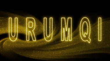 Urumqi Gold Işıltılı harfleri, Urumqi Turizm ve Seyahat, Yaratıcı tipografi metin pankartı, siyah arkaplanda.