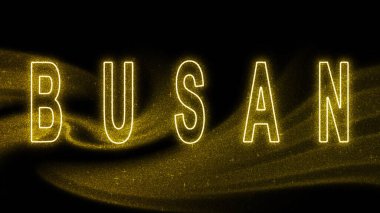 Busan Gold Işıltılı harfleri, Busan Turizm ve Seyahat, Yaratıcı tipografi metin pankartı, siyah arkaplanda.