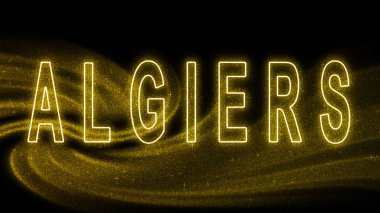 Cezayir altını simli harfleri, Cezayir turizmi ve seyahati, siyah arkaplanda yaratıcı tipografi metni afişi.