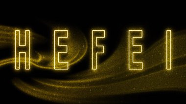 Hefei Gold Işıltılı harfleri, Hefei Turizm ve Seyahat, Yaratıcı tipografi metin pankartı, siyah arkaplanda.