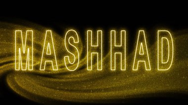 Mashhad Gold simli harf, Mashhad Turizm ve Seyahat, Yaratıcı tipografi metin pankartı, siyah arkaplanda.