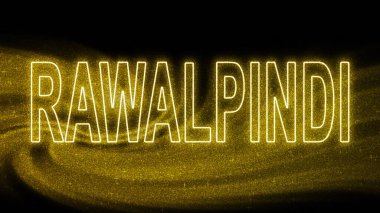 Rawalpindi Gold Işıltılı harfleri, Rawalpindi Turizm ve Seyahat, Yaratıcı tipografi metin afişi, siyah arka planda.