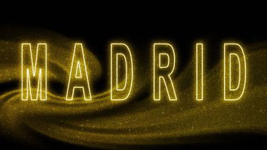 Madrid Gold Işıltılı harfleri, Madrid Turizm ve Seyahat, Yaratıcı tipografi metin afişi, siyah arkaplan üzerine.