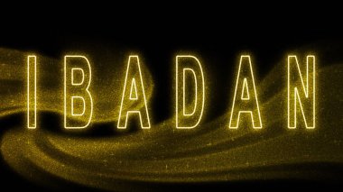 Ibadan Gold simli harfleri, Ibadan Turizm ve Seyahat, Yaratıcı tipografi metin pankartı, siyah arkaplanda.