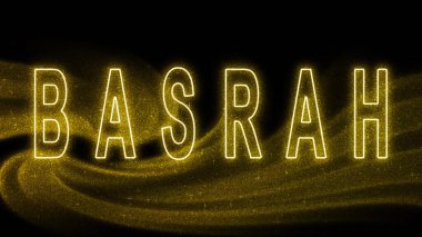 Basrah Gold glitter lettering, Basrah Tourism and travel, Creative typography text banner, on black background.
