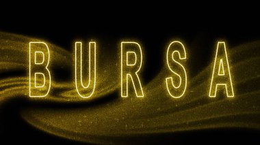 Bursa Gold glitter lettering, Bursa Tourism and travel, Creative typography text banner, on black background.