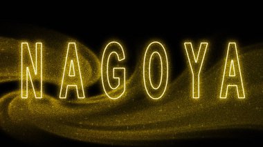 Nagoya Gold glitter lettering, Nagoya Tourism and travel, Creative typography text banner, on black background.