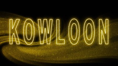 Kowloon Gold glitter lettering, Kowloon Tourism and travel, Creative typography text banner, on black background.