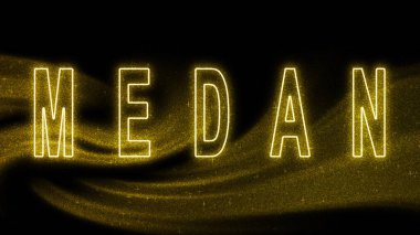 Medan Gold glitter lettering, Medan Tourism and travel, Creative typography text banner, on black background.