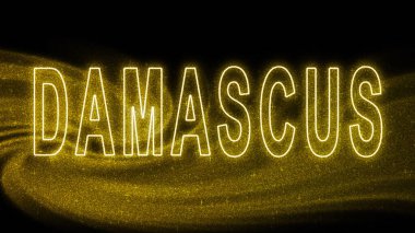 Damascus Gold glitter lettering, Damascus Tourism and travel, Creative typography text banner, on black background.