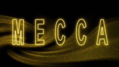Mecca Gold glitter lettering, Mecca Tourism and travel, Creative typography text banner, on black background.