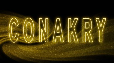 Conakry Gold glitter lettering, Conakry Tourism and travel, Creative typography text banner, on black background.