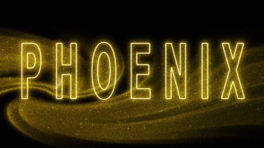 Phoenix Gold glitter lettering, Phoenix Tourism and travel, Creative typography text banner, on black background.