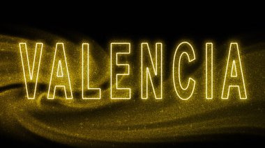 Valencia Gold glitter lettering, Valencia Tourism and travel, Creative typography text banner, on black background.