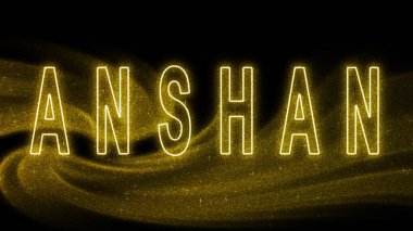 Anshan Gold glitter lettering, Anshan Tourism and travel, Creative typography text banner, on black background.