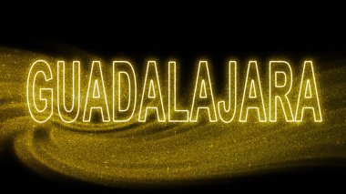 Guadalajara Gold glitter lettering, Guadalajara Tourism and travel, Creative typography text banner, on black background.