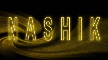 Nashik Gold glitter lettering, Nashik Tourism and travel, Creative typography text banner, on black background.