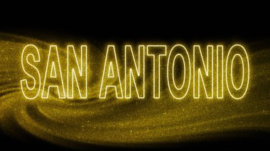 San Antonio Gold glitter lettering, San Antonio Tourism and travel, Creative typography text banner, on black background.