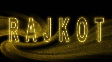 Rajkot Gold pırıltılı harfleri, Rajkot Turizm ve Seyahat, Yaratıcı tipografi metin pankartı, siyah arkaplanda.