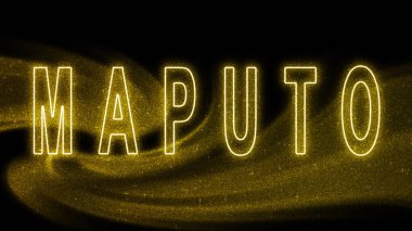 Maputo Gold simli harfleri, Maputo Turizm ve Seyahat, Yaratıcı tipografi metin pankartı, siyah arkaplanda.