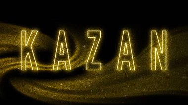 Kazan Altın Işıltılı harfleri, Kazan Turizm ve Seyahat, Yaratıcı tipografi metin pankartı, siyah arkaplanda.