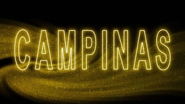 Campinas Gold Işıltılı harfleri, Campinas Turizm ve Seyahat, Yaratıcı tipografi metin pankartı, siyah arkaplanda.