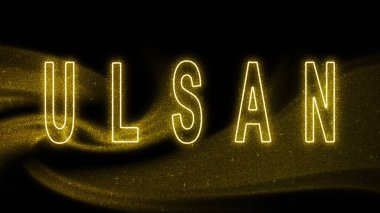 Ulsan Gold Işıltılı harfleri, Ulsan Turizm ve Seyahat, Yaratıcı tipografi metin pankartı, siyah arkaplanda.