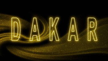 Dakar Gold pırıltılı harfleri, Dakar Turizm ve Seyahat, Yaratıcı tipografi metin pankartı, siyah arkaplanda.