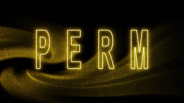 Perm Gold Işıltılı harfler, Perma Turizm ve Seyahat, Yaratıcı tipografi metin pankartı, siyah arkaplanda.