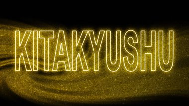 Kitakyushu Gold Işıltılı harfleri, Kitakyushu Turizm ve Seyahat, Yaratıcı yazı pankartı, siyah arkaplanda.