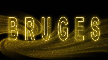 Bruges Gold simli harf, Bruges Turizm ve Seyahat, Yaratıcı tipografi metin pankartı, siyah arkaplanda.