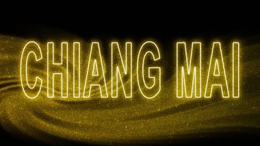 Chiang Mai Altın Işıltılı harfler, Chiang Mai Turizm ve Seyahat, Yaratıcı yazı pankartı, siyah arkaplanda.