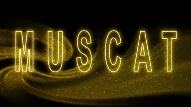 Muscat Gold simli harfler, Muscat Turizm ve Seyahat, Yaratıcı tipografi metin pankartı, siyah arkaplanda.