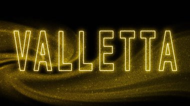 Valletta Gold pırıltılı harfleri, Valletta Turizm ve Seyahat, Yaratıcı tipografi metin pankartı, siyah arkaplanda.