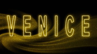 Venice Gold 'un simli harfleri, Venedik Turizm ve Seyahat, Yaratıcı tipografi metin pankartı, siyah arkaplanda.