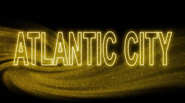 Atlantic City Altın Simleri, Atlantic City Turizm ve Seyahat, Yaratıcı tipografi metin pankartı, siyah arkaplanda.