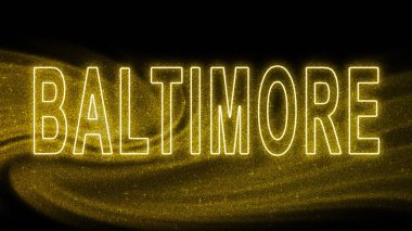 Baltimore Gold Işıltılı harfleri, Baltimore Turizm ve Seyahat, Yaratıcı tipografi metin afişi, siyah arka planda.