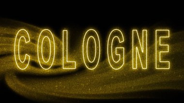 Köln Gold parıltılı harfleri, Köln Turizm ve Seyahat, Yaratıcı tipografi metin pankartı, siyah arkaplanda.
