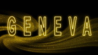 Geneva Gold pırıltılı harfleri, Cenevre Turizm ve Seyahat, Yaratıcı tipografi metin pankartı, siyah arkaplanda.