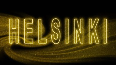 Helsinki Gold Işıltılı harfleri, Helsinki Turizm ve Seyahat, Yaratıcı tipografi metin pankartı, siyah arkaplanda.