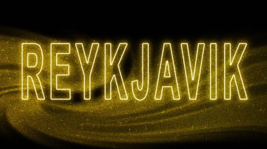 Siyah arkaplanda Reykjavik Gold pırıltılı harfleri, Reykjavik Turizm ve Seyahat, Yaratıcı tipografi metin afişi.