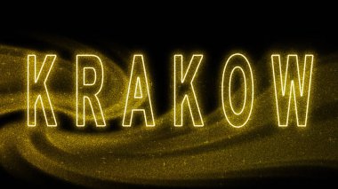 Krakow Gold simli harf, Krakow Turizm ve Seyahat, Yaratıcı tipografi metin pankartı, siyah arkaplanda.