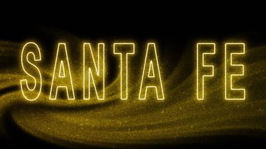 Santa Fe Altın Işıltılı Harfler, Santa Fe Turizm ve Seyahat, Yaratıcı tipografi metin afişi, siyah arka planda.