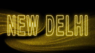 Yeni Delhi Gold Işıltılı harfleri, Yeni Delhi Turizm ve Seyahat, Yaratıcı tipografi metin pankartı, siyah arkaplanda.