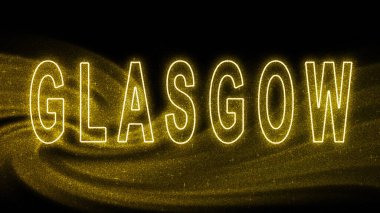 Glasgow Gold Işıltılı harfleri, Glasgow Turizm ve Seyahat, Yaratıcı tipografi metin pankartı, siyah arkaplanda.