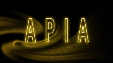 Apia Gold simli harfler, Apia Turizm ve Seyahat, Yaratıcı tipografi metin pankartı, siyah arkaplanda.