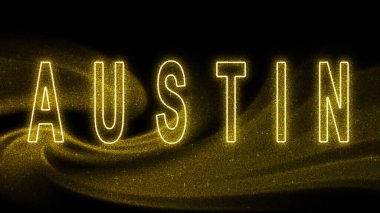 Austin Gold Işıltılı harfleri, Austin Turizm ve Seyahat, Yaratıcı tipografi metin afişi, siyah arkaplan üzerine.
