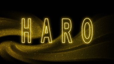 Haro Gold Işıltılı harfleri, Haro Turizm ve Seyahat, Yaratıcı tipografi metin pankartı, siyah arkaplanda.