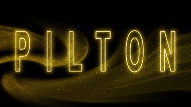 Pilton Gold Işıltılı harfleri, Pilton Turizm ve Seyahat, Yaratıcı tipografi metin pankartı, siyah arkaplanda.